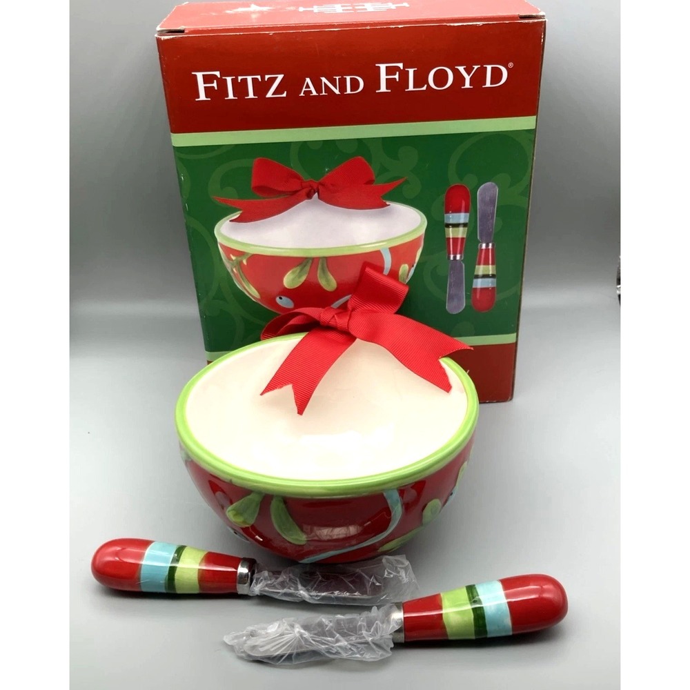 Christmas Fitz and Floyd Red Ornament Bowl with Bow & 2 Spreaders NIB